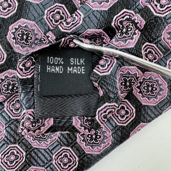 Bruno Piattelli Roma Tie Men 60" Black Purple Silk Geometric Medallion Hand Made - Picture 3 of 5